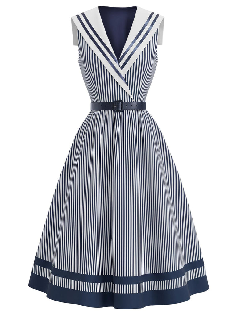 Weißes & Blaues 40er Sailor Kleid mit Schal-Kragen und Streifen