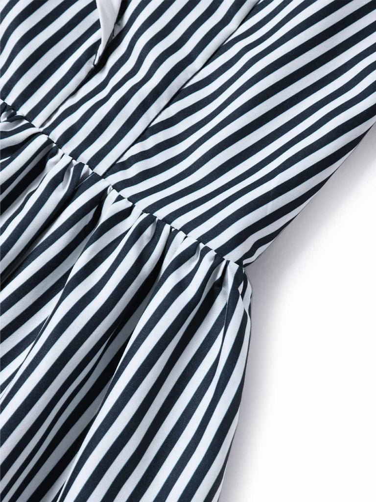 Weißes & Blaues 40er Sailor Kleid mit Schal-Kragen und Streifen
