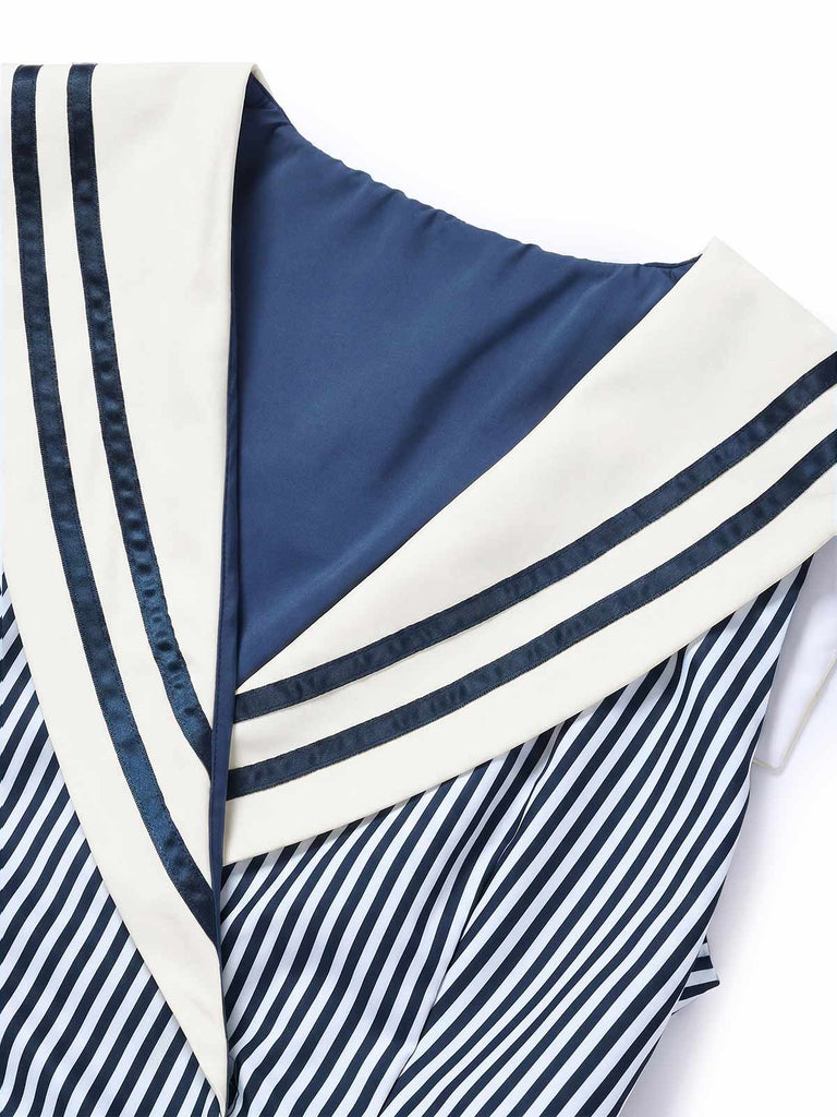 Weißes & Blaues 40er Sailor Kleid mit Schal-Kragen und Streifen