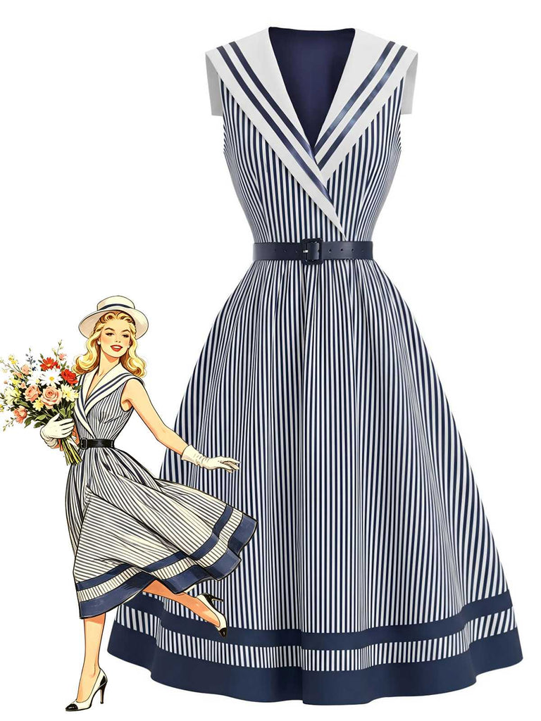 [Vorverkauf] Blau-Weißes 40er Matrosenkleid mit Streifen und Gürtel