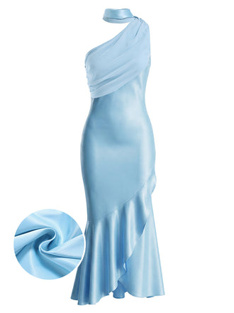 Blaues 30er Satinkleid mit One-Shoulder