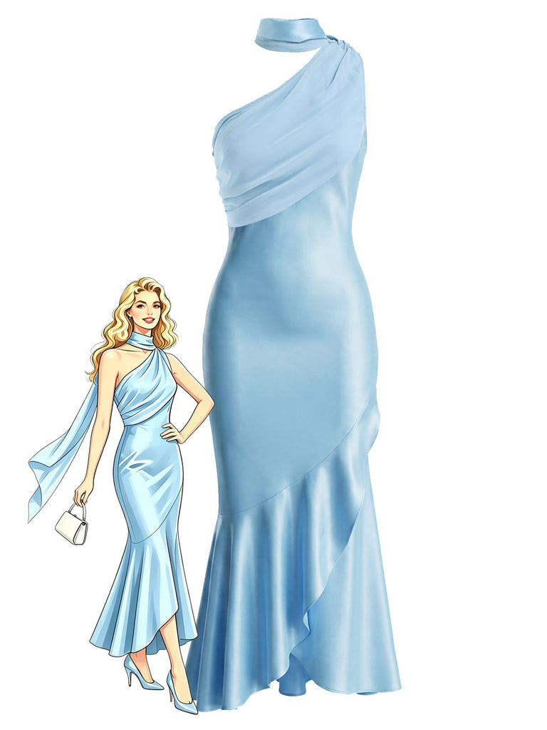 [Vorverkauf] Blaues 30er Satin-Meerjungfrauenkleid mit One-Shoulder