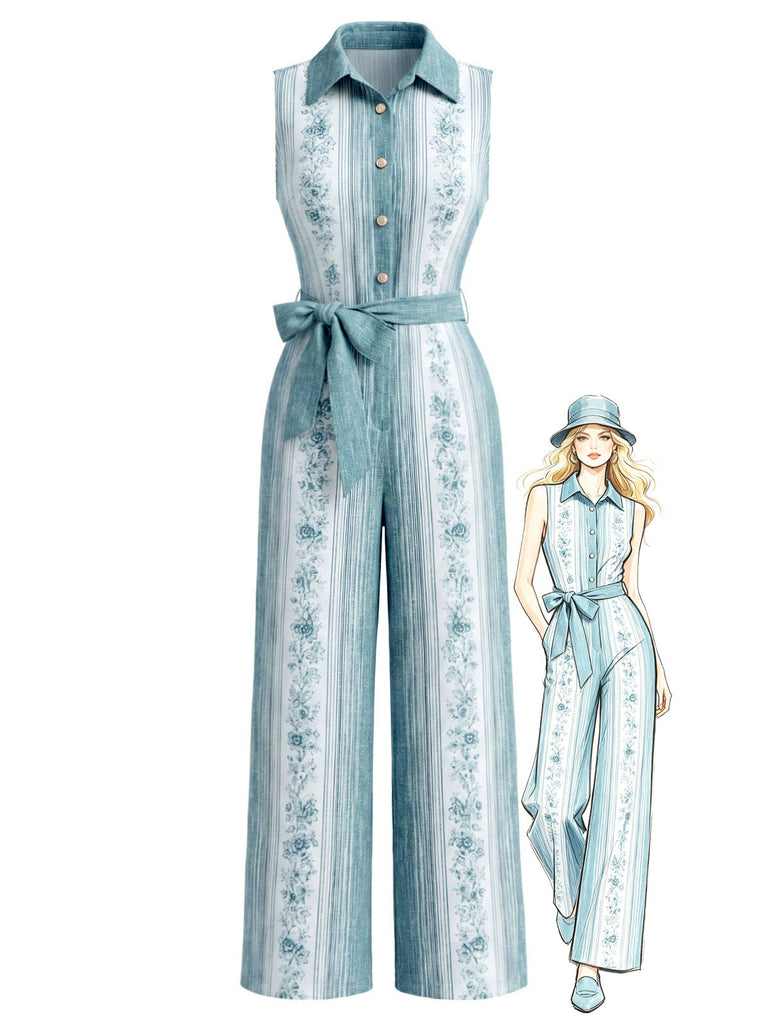 Hellblauer 70er Jumpsuit mit Blumen und Gürtel