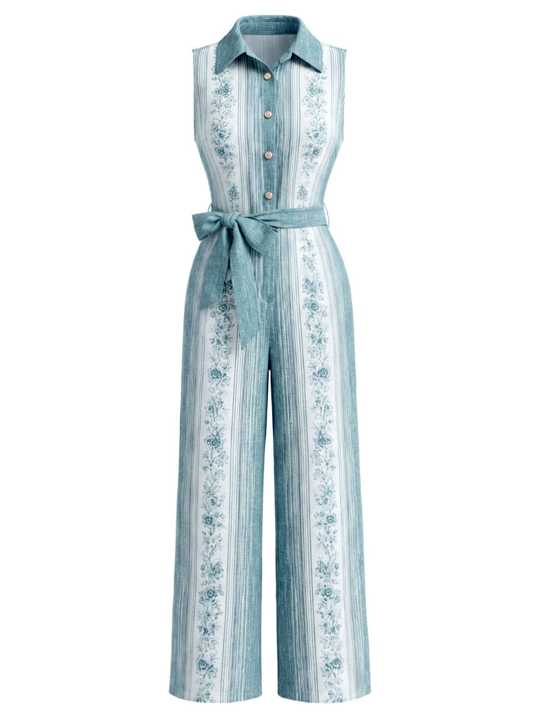 Hellblauer 70er Jumpsuit mit Blumen und Gürtel