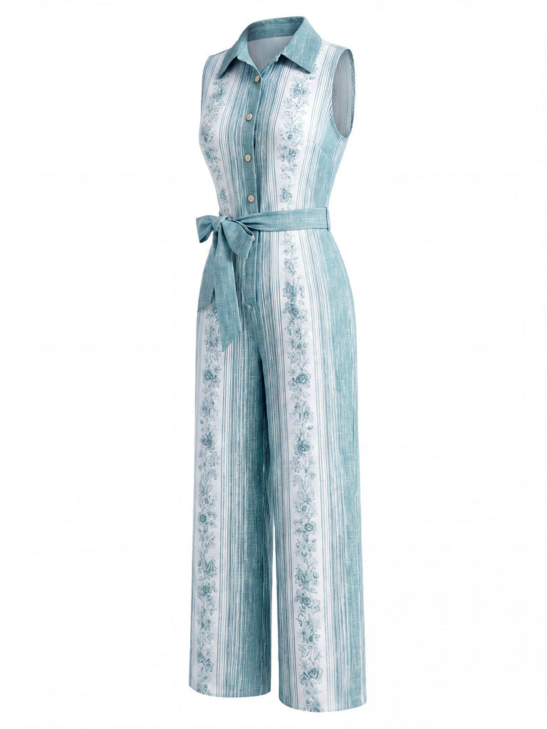 Hellblauer 70er Jumpsuit mit Blumen und Gürtel