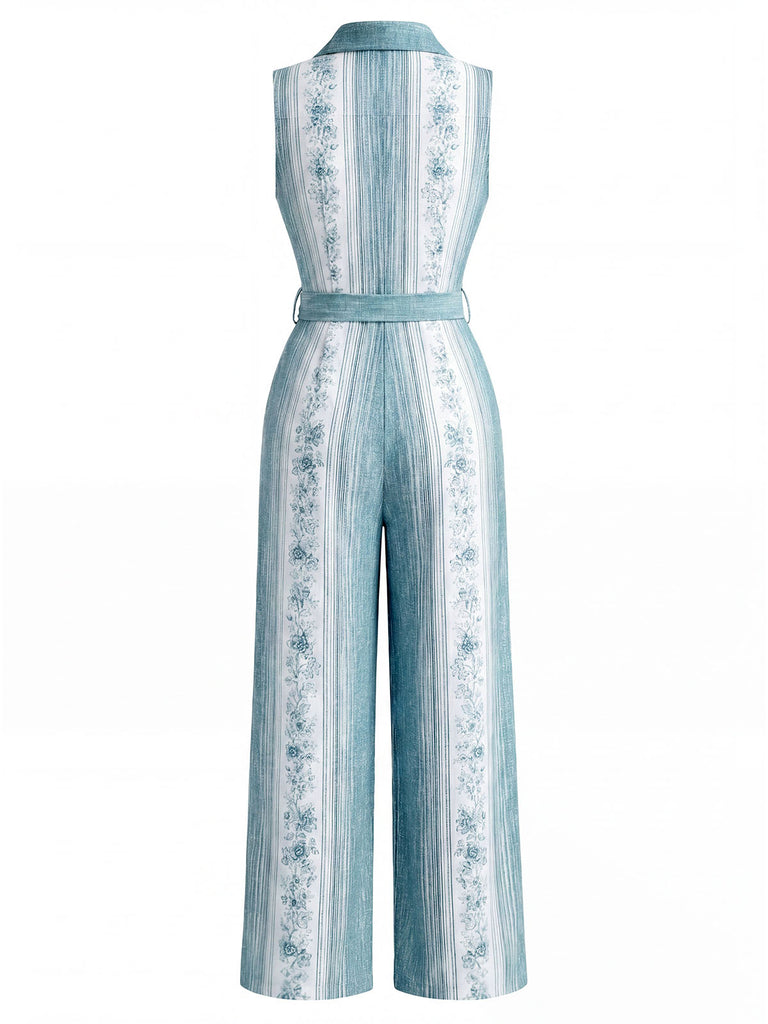 Hellblauer 70er Jumpsuit mit Blumen und Gürtel