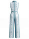 Hellblauer 70er Jumpsuit mit Blumen und Gürtel