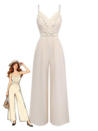 Beiger 70er Jumpsuit mit Häkelspitze und Fransenbesatz