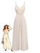 Beiger 70er Jumpsuit mit Häkelspitze und Fransenbesatz