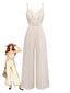 Beiger 70er Jumpsuit mit Häkelspitze und Fransenbesatz