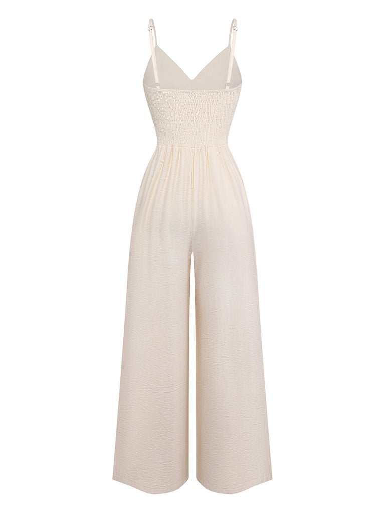 Beiger 70er Jumpsuit mit Häkelspitze und Fransenbesatz