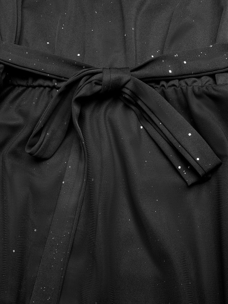 Schwarzes 50er ärmelloses Kleid mit Mesh und Pailletten