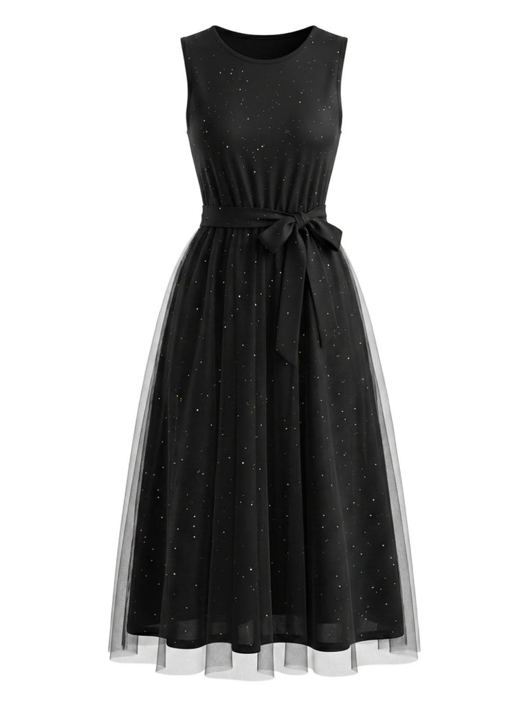 Schwarzes 50er ärmelloses Kleid mit Pailletten-Mesh
