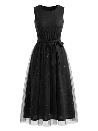Schwarzes 50er ärmelloses Kleid mit Pailletten-Mesh