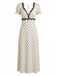 Beige 30er Satin-Kleid mit Polka-Dots und V-Ausschnitt