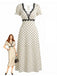 Beige 30er Satin-Kleid mit Polka-Dots und V-Ausschnitt