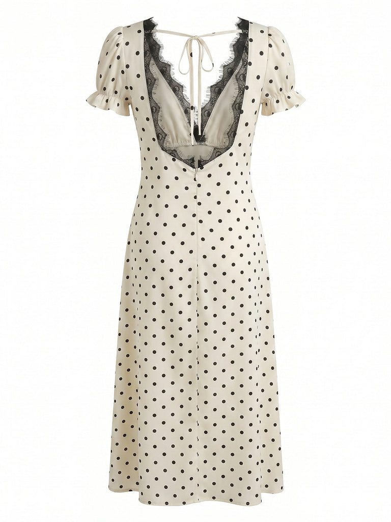 Beige 30er Satin-Kleid mit Polka-Dots und V-Ausschnitt