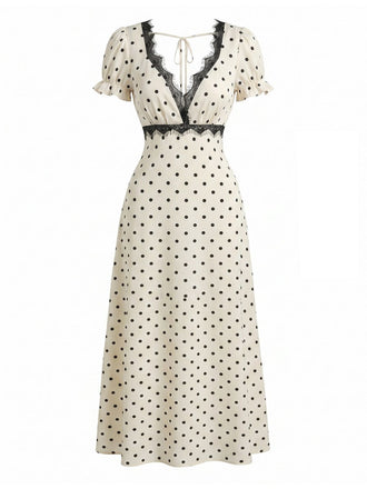 Beige 30er Satin-Kleid mit Polka-Dots und V-Ausschnitt