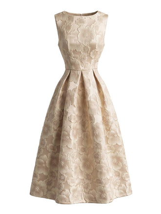 Beige 50er Ärmelloses Kleid mit Blumen und 3D