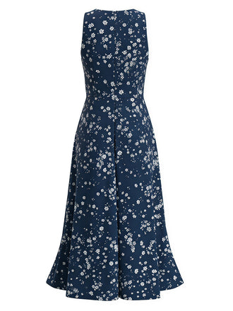 Marineblaues 70er Boho-Midikleid mit Blumen und Neckholder