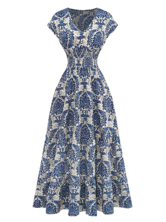 70er Boho Maxikleid mit Ornament-Blumen und V-Ausschnitt