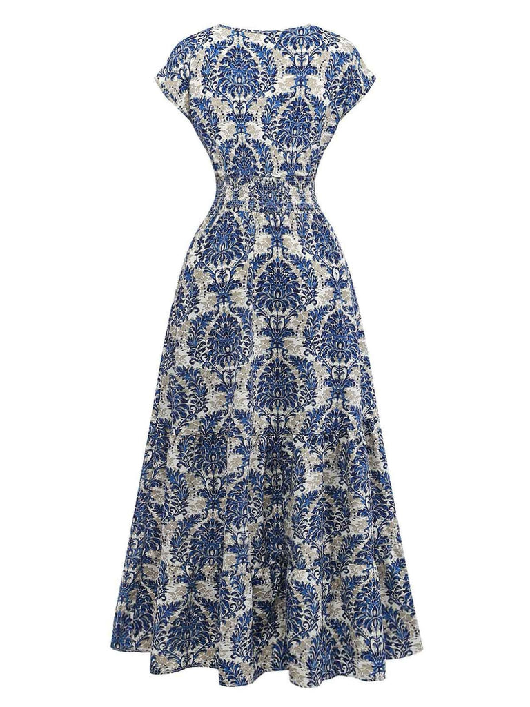 70er Boho Maxikleid mit Ornament-Blumen und V-Ausschnitt
