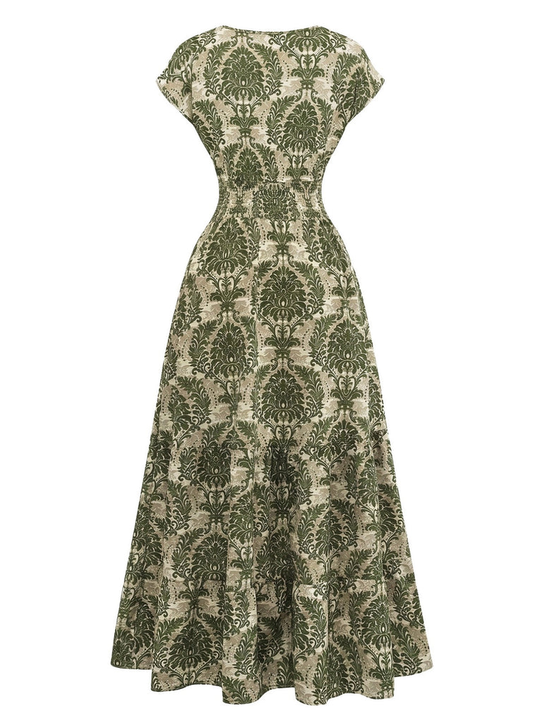 70er Boho Maxikleid mit Ornament-Blumen und V-Ausschnitt