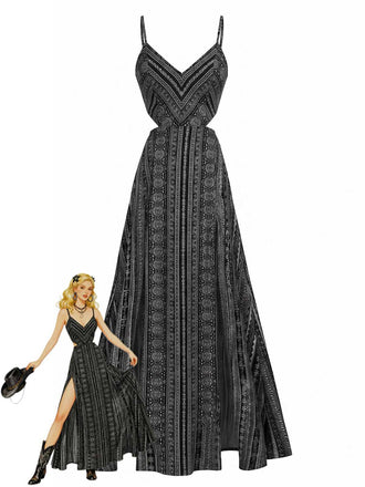 Schwarzes 70er Boho-Maxikleid mit Spaghettiträgern