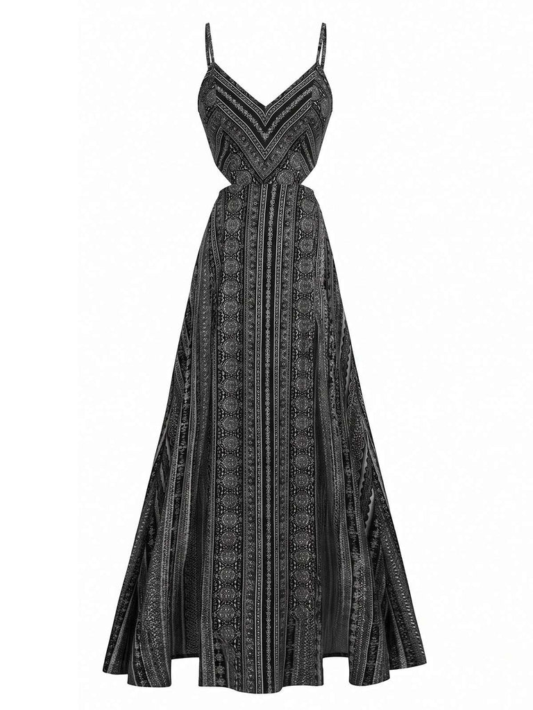 Weinrotes 70er Boho-Maxikleid mit Spaghettiträgern