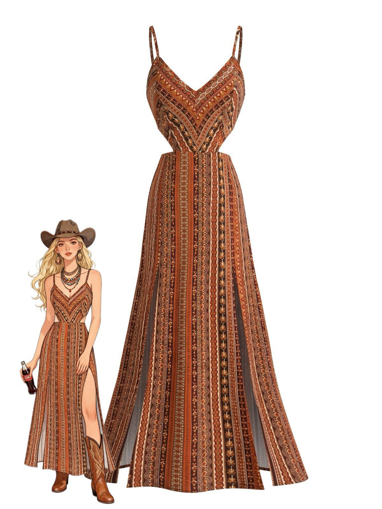 Weinrotes 70er Boho-Maxikleid mit Spaghettiträgern