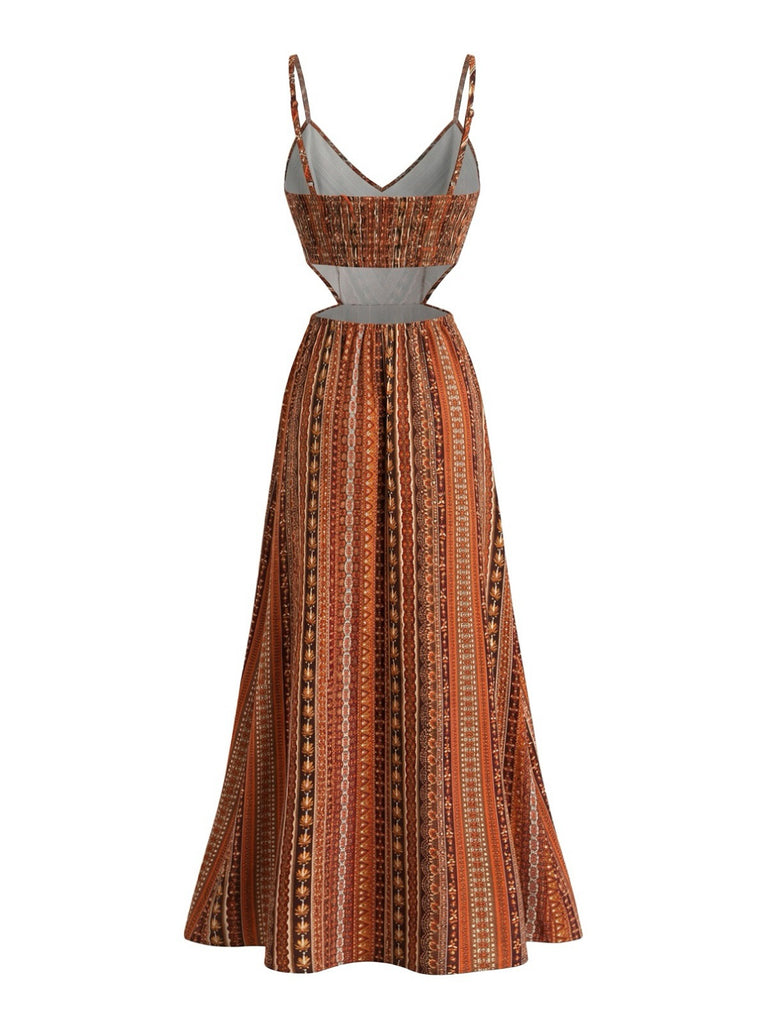 Weinrotes 70er Boho-Maxikleid mit Spaghettiträgern