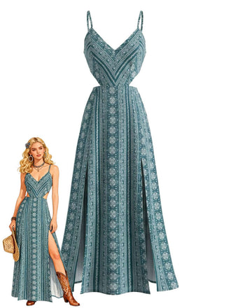 Oasenfarbenes 70er Boho-Maxikleid mit Spaghettiträgern