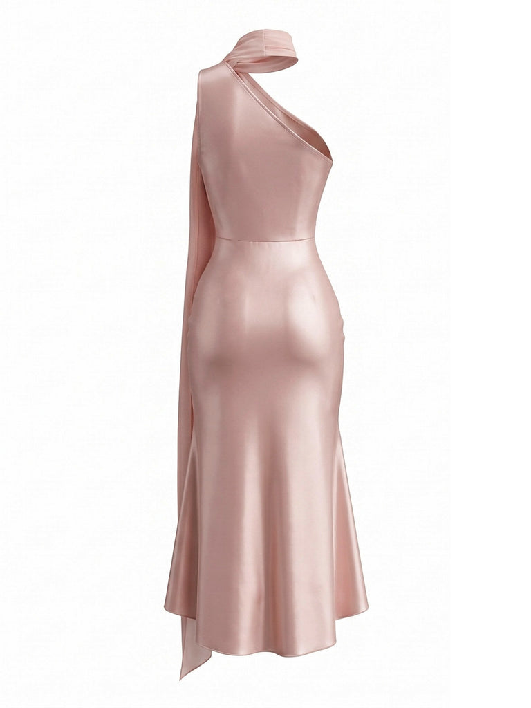 Orange-rosa 30er Meerjungfrauenkleid aus Satin mit One-Shoulder