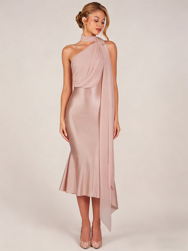 Orange-rosa 30er Meerjungfrauenkleid aus Satin mit One-Shoulder