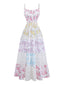 Buntes 70er Stufen-Maxikleid mit Blumen und Spitze