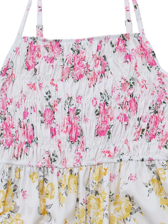 Mehrfarbiges 70er Maxikleid mit Blumen und Smok