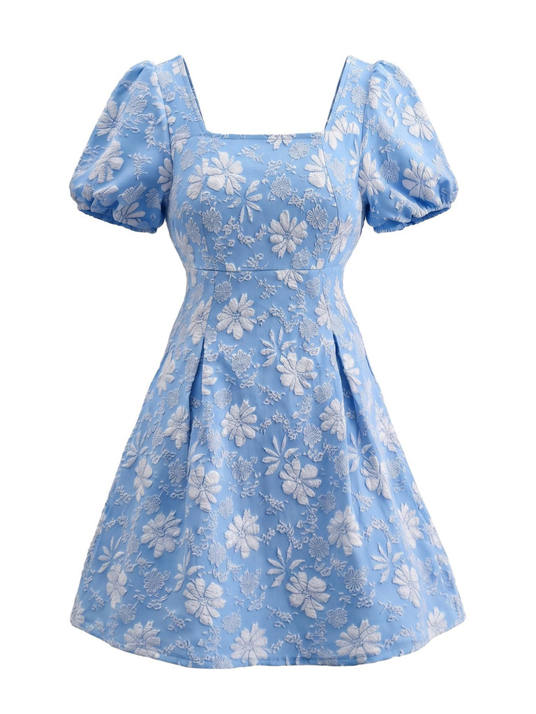 60er Blumen-Jacquardkleid mit Karreeausschnitt und Puffärmeln