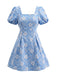 60er Blumen-Jacquardkleid mit Karreeausschnitt und Puffärmeln