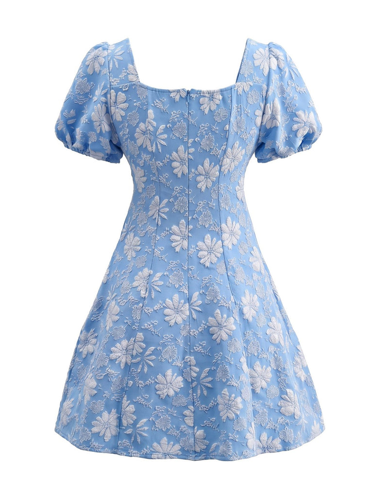 60er Blumen-Jacquardkleid mit Karreeausschnitt und Puffärmeln