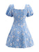 60er Blumen-Jacquardkleid mit Karreeausschnitt und Puffärmeln