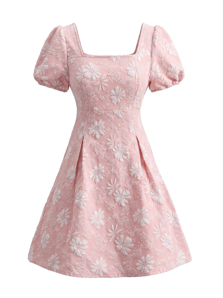 60er Blumen-Jacquardkleid mit Karreeausschnitt und Puffärmeln
