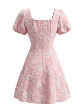 60er Blumen-Jacquardkleid mit Karreeausschnitt und Puffärmeln