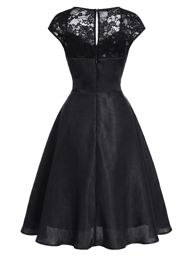 Schwarzes 50er Satin-Kleid mit Kappärmel und Spitze