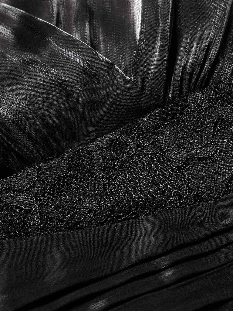 [Vorverkauf] Schwarzes 50er Satin-Kleid mit Kappärmel und Spitze