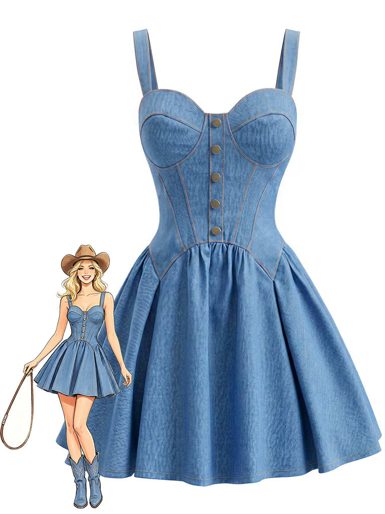 Blaues 80er Korsett-Minikleid im Denim-Look