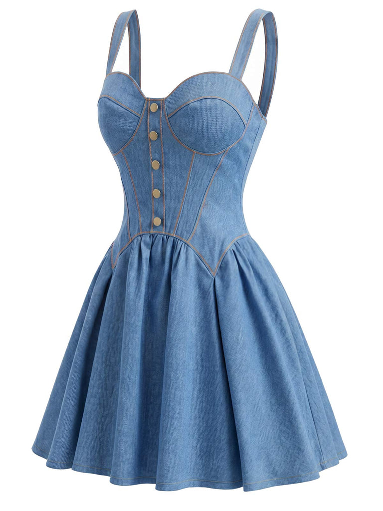 Blaues 80er Korsett-Minikleid im Denim-Look