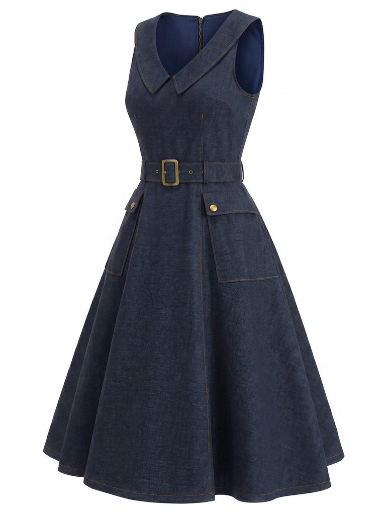 Marineblaues 50er Ärmelloses Jeans-Kleid mit V-Ausschnitt