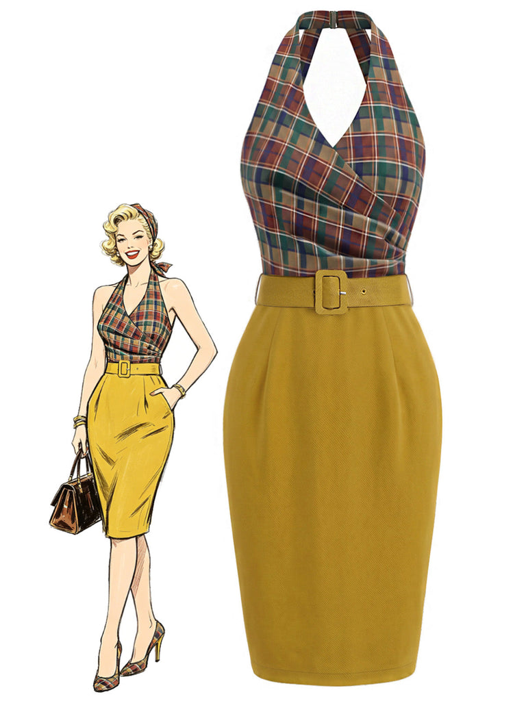Braunes 60er Bleistiftkleid mit Karomuster