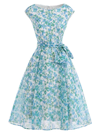50er Swingkleid mit Bootskragen und Blumen