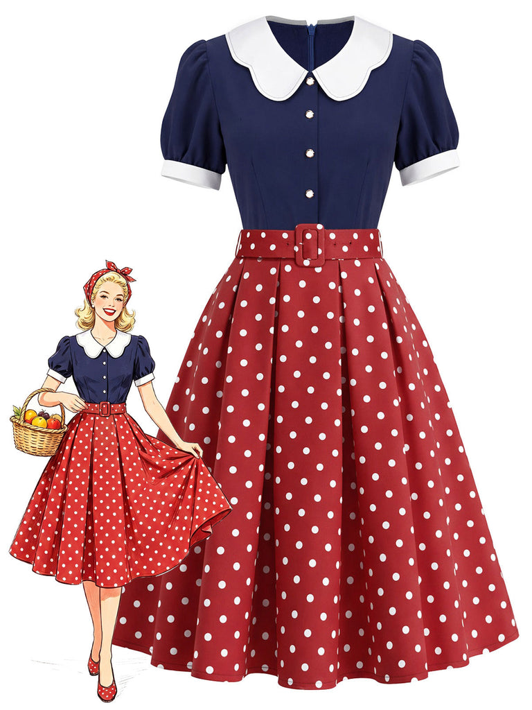 Marineblaues 50er Kleid mit Polka-Dots